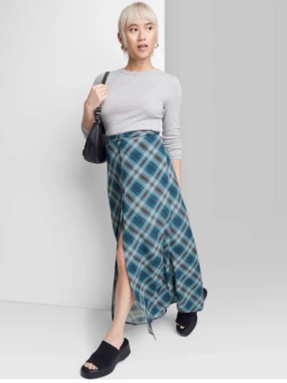 wild fable Teal and Navy Plaid Maxi Skirt with Side Slit